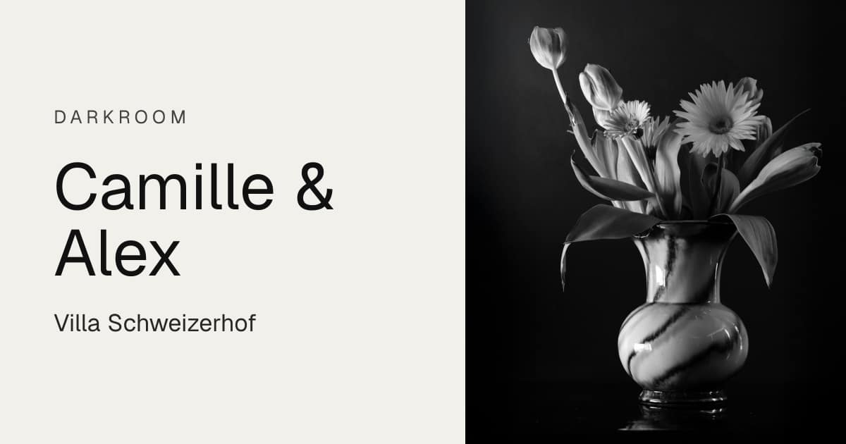 Digital wedding invitation in the Darkroom design: Camille & Alex, Villa Schweizerhof