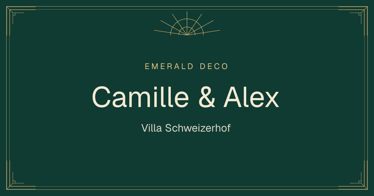 Digital wedding invitation in the Emerald Deco design: Camille & Alex, Villa Schweizerhof