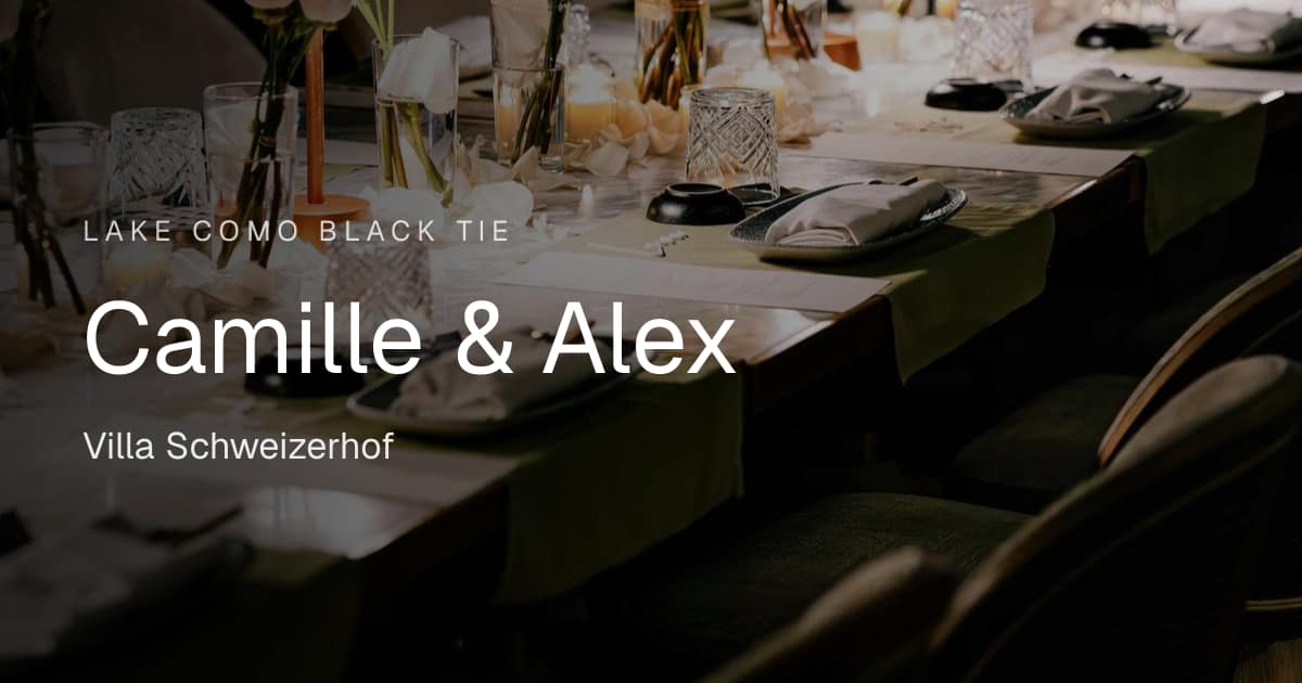 Digital wedding invitation in the Lake Como Black Tie design: Camille & Alex, Villa Schweizerhof