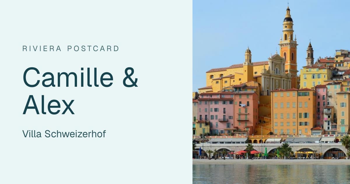 Digital wedding invitation in the Riviera Postcard design: Camille & Alex, Villa Schweizerhof