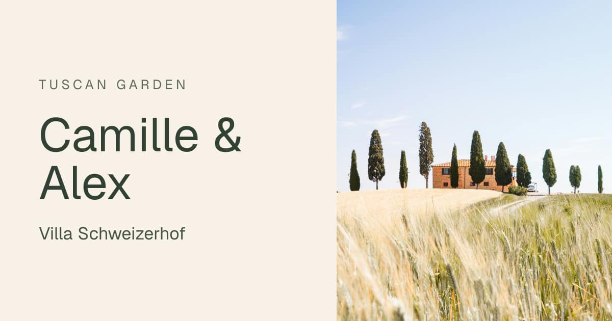 Digital wedding invitation in the Tuscan Garden design: Camille & Alex, Villa Schweizerhof